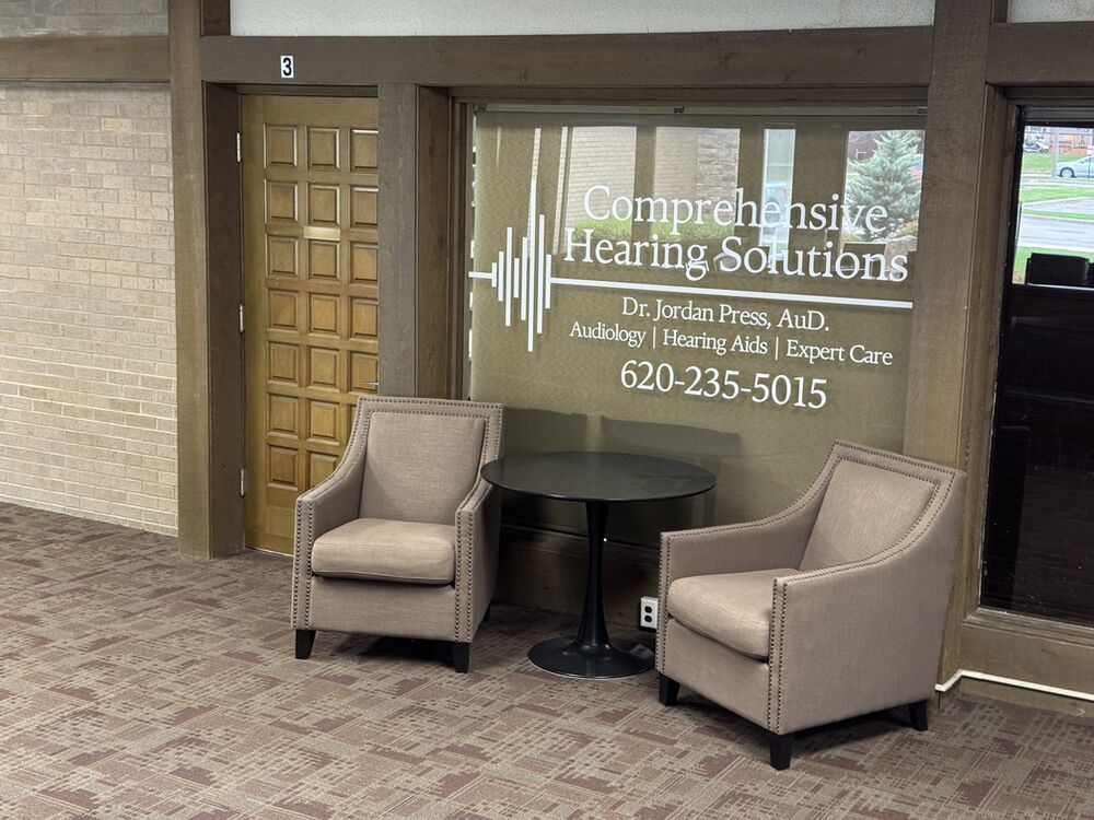 Suite 3 entrance and lobby seating outside Comprehensive Hearing Solutions in Pittsburg, KS